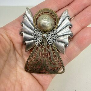 Artisan Angel Brooch Pin Mixed Metal Silver Tone Filigree Wings Big Bold